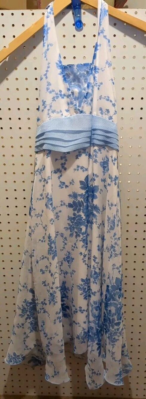 Speechless Sheer Floral Dress Halter Size 14 White Blue Rose Summer Spring